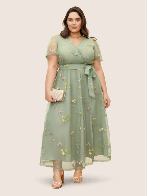 Overlap Collar Mesh Floral Embroidered Dress sold by Bloomchic