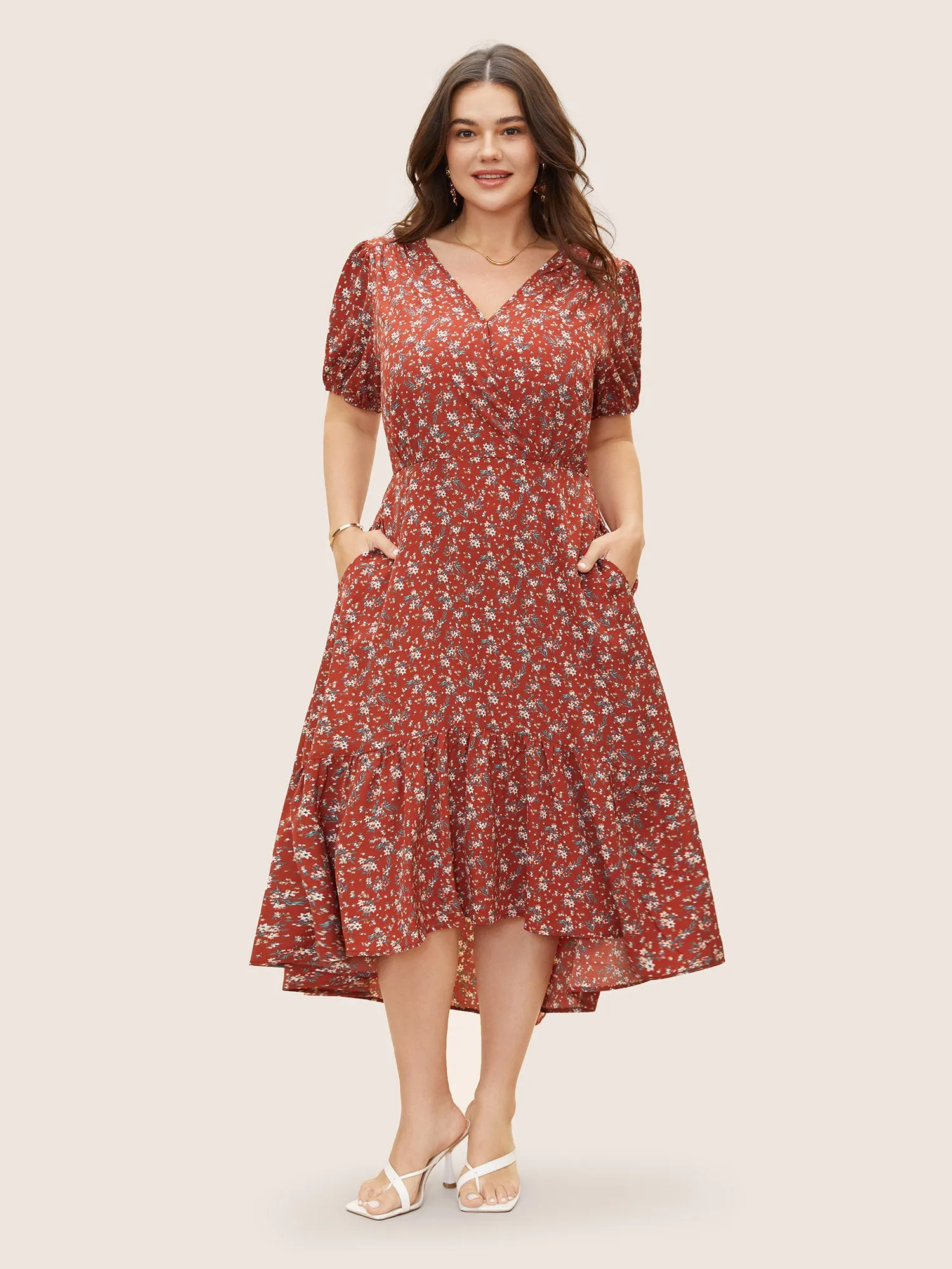V Neck Ditsy Floral Puff Sleeve Dress sold by Bloomchic