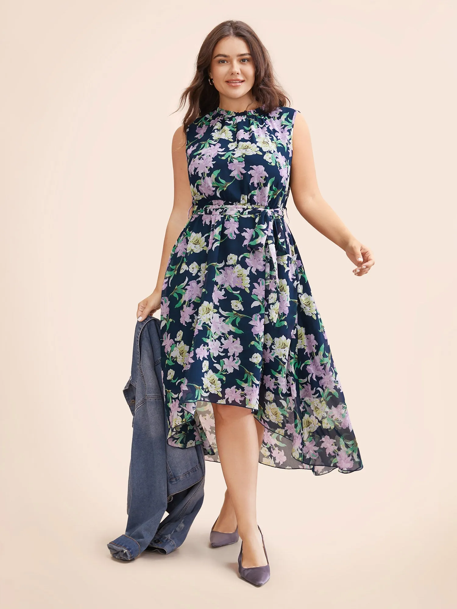 Floral Mock Neck Asymmetrical Hem Dress sold by Bloomchic