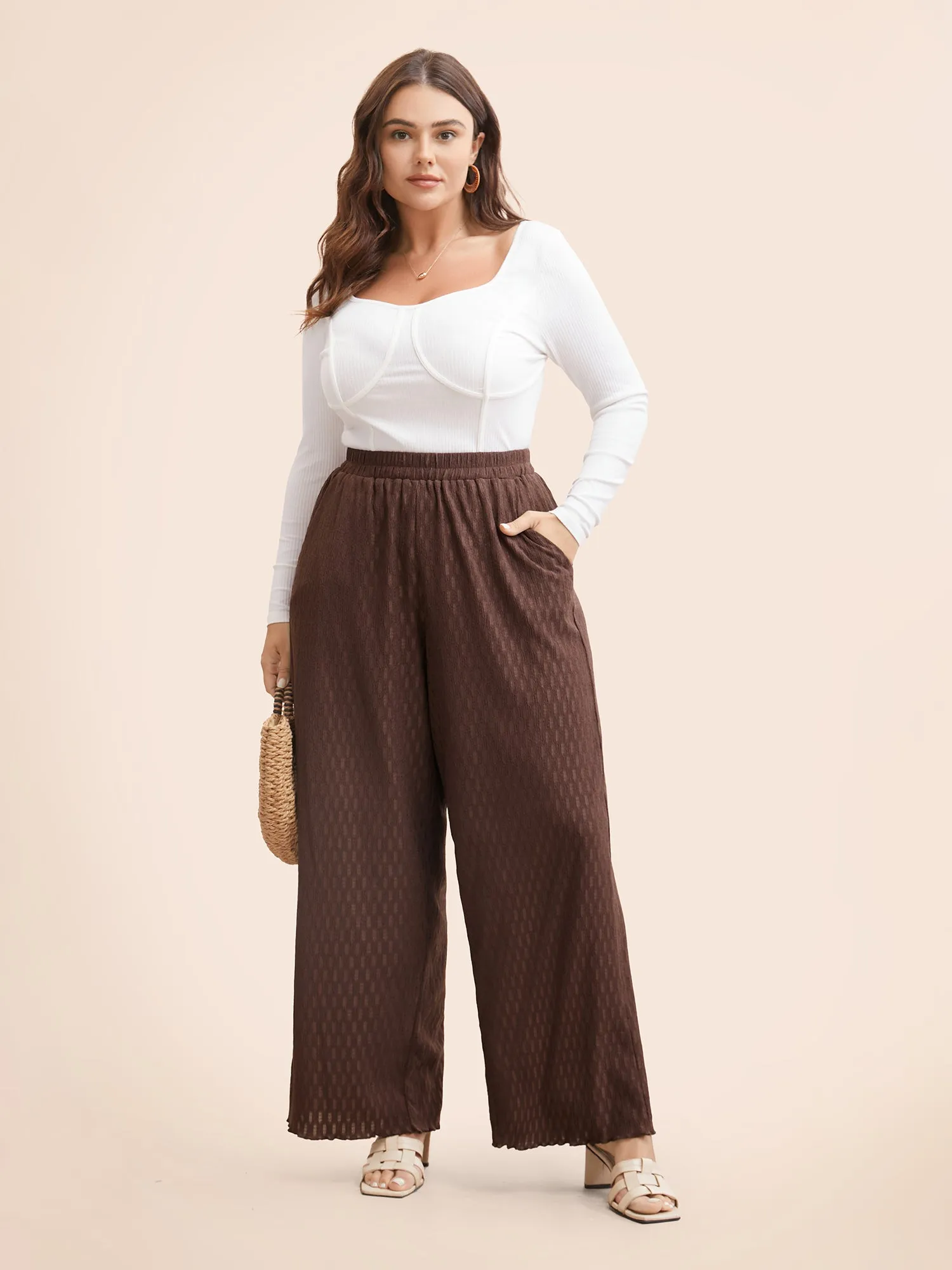 Plain Textured Elastic Waist Wide Leg Pants sold by Bloomchic product image thumbnail 3
