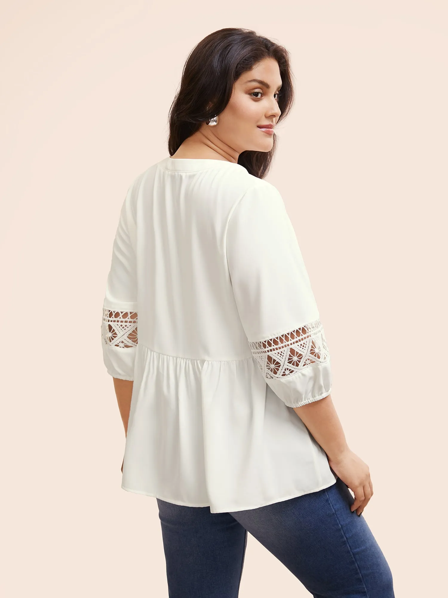 Notched Patchwork Cut Out Lantern Sleeve Blouse sold by Bloomchic product image thumbnail 5