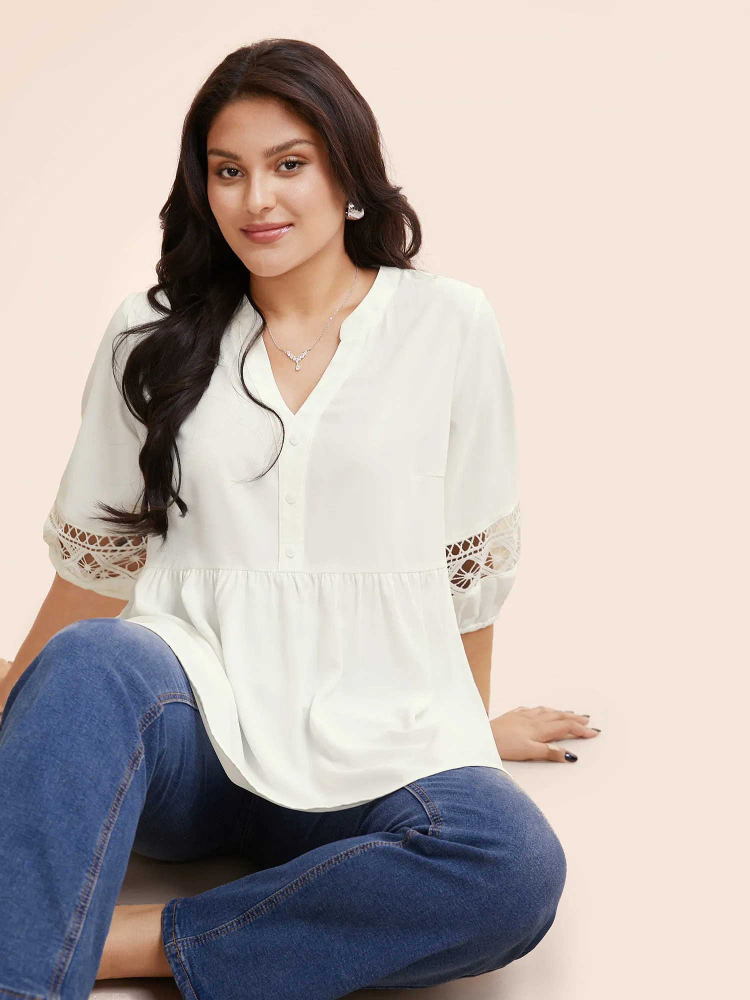 Notched Patchwork Cut Out Lantern Sleeve Blouse sold by Bloomchic product image thumbnail 4