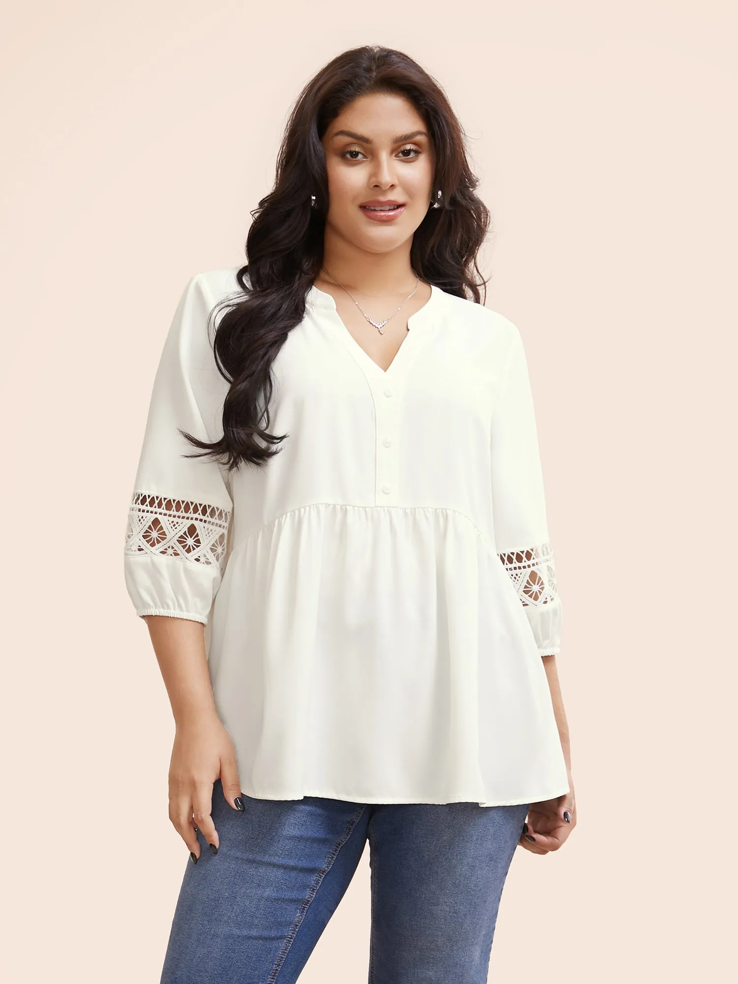 Notched Patchwork Cut Out Lantern Sleeve Blouse sold by Bloomchic