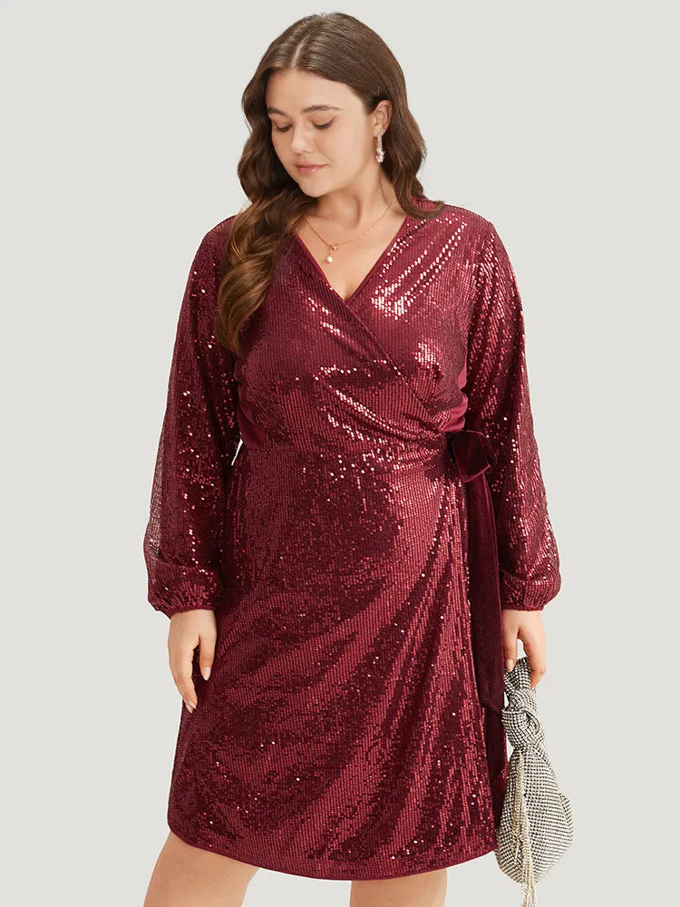 Sequin Ties Side Surplice Neck Lantern Sleeve Dress sold by Bloomchic product image thumbnail 5