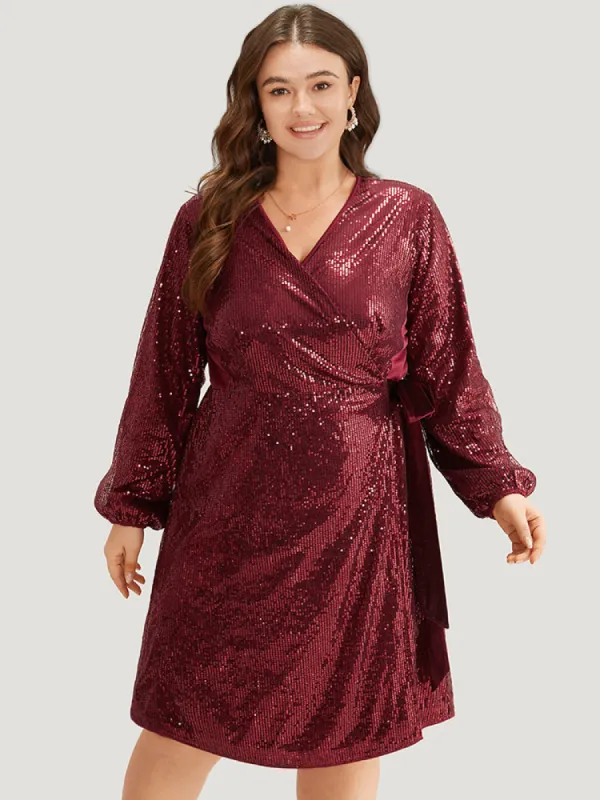 Sequin Ties Side Surplice Neck Lantern Sleeve Dress sold by Bloomchic