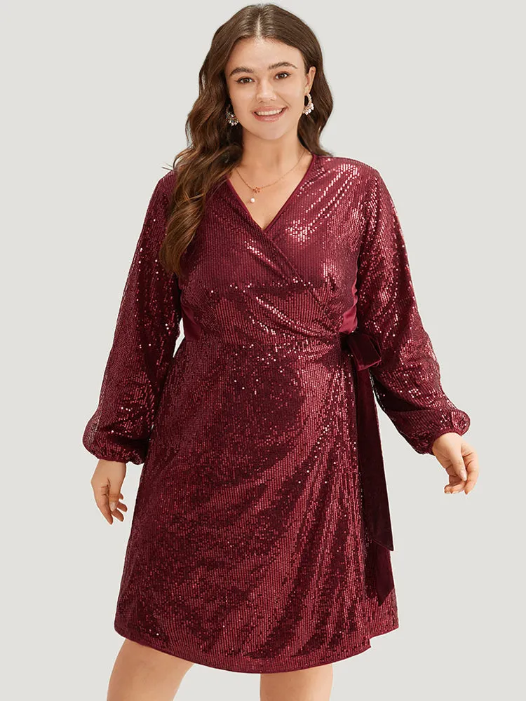 Sequin Ties Side Surplice Neck Lantern Sleeve Dress sold by Bloomchic