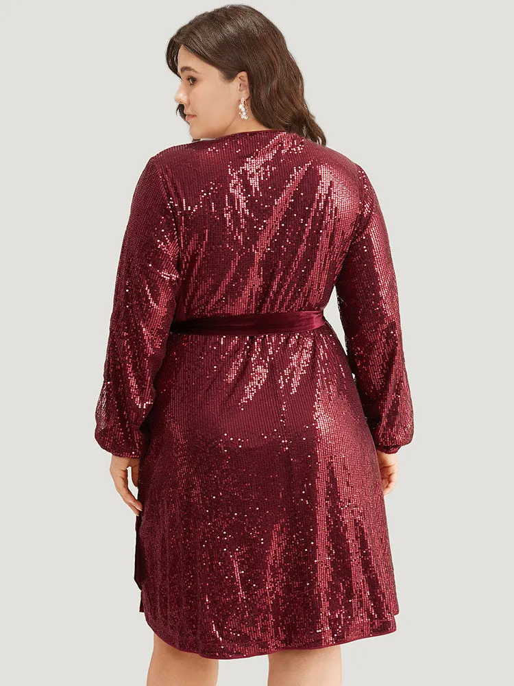 Sequin Ties Side Surplice Neck Lantern Sleeve Dress sold by Bloomchic product image thumbnail 3