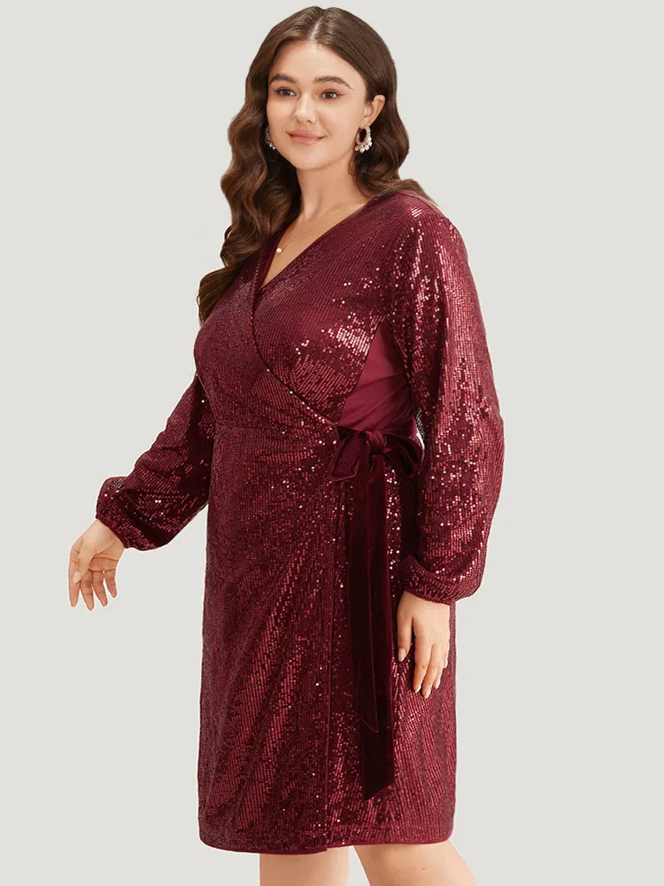 Sequin Ties Side Surplice Neck Lantern Sleeve Dress sold by Bloomchic product image thumbnail 2