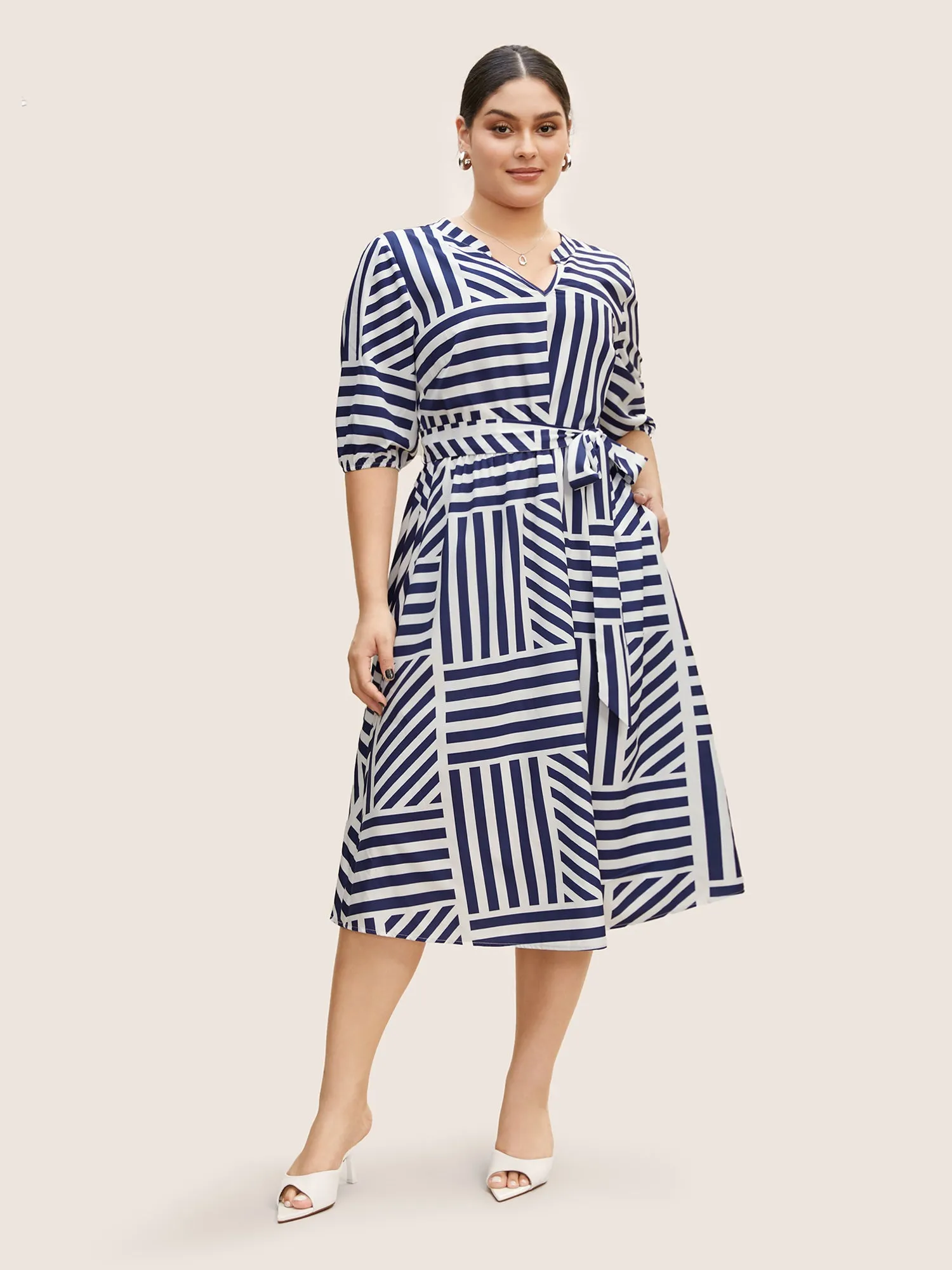 Striped Notched Collar Belted Midi Dress sold by Bloomchic product image thumbnail 2