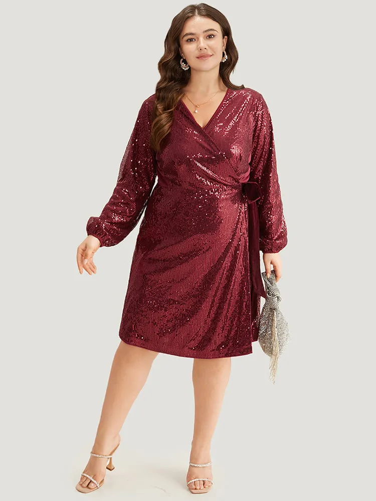 Sequin Ties Side Surplice Neck Lantern Sleeve Dress sold by Bloomchic product image thumbnail 4