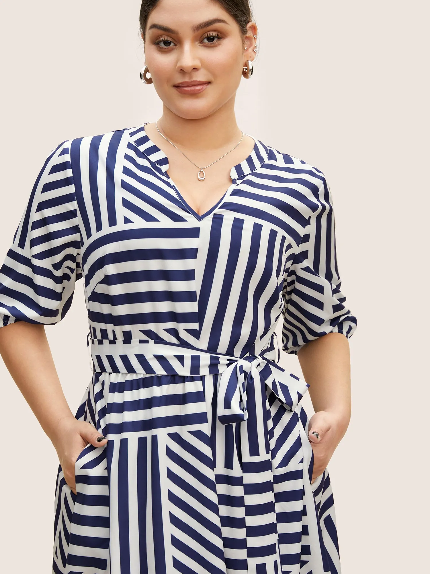 Striped Notched Collar Belted Midi Dress sold by Bloomchic product image thumbnail 4