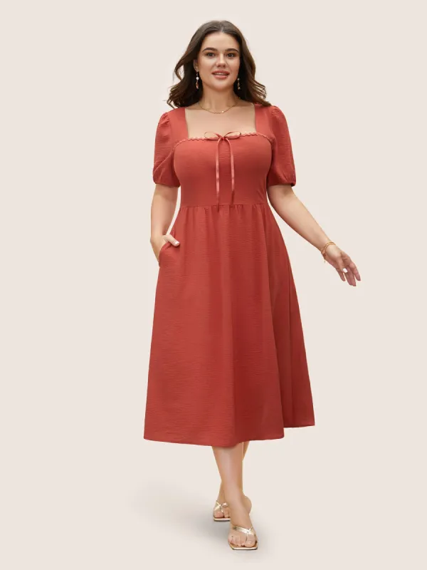 Square Neck Woven Ribbon Patchwork Bowknot Dress sold by Bloomchic