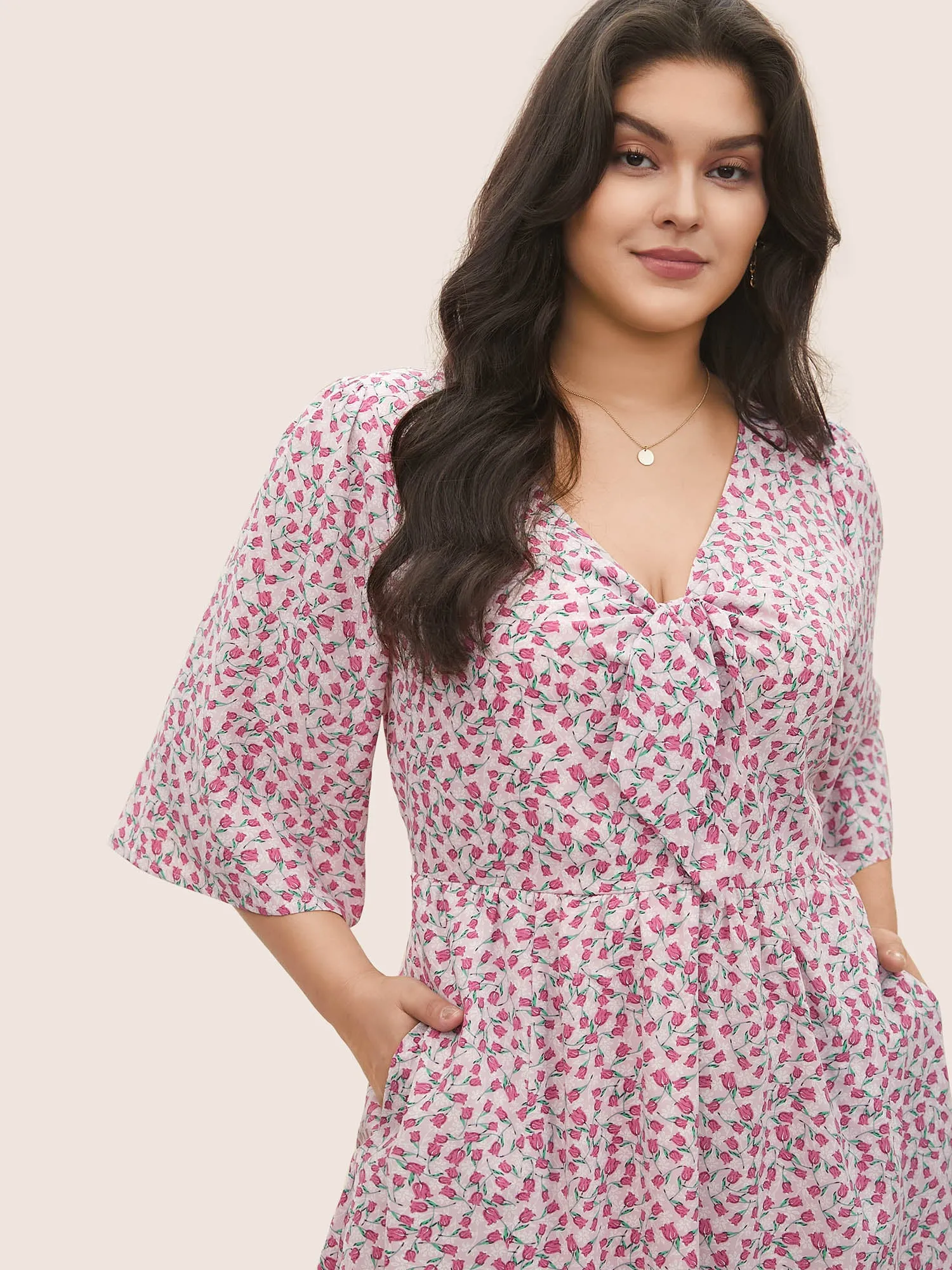 Ditsy Floral Tie Neck Elastic Waist Dress sold by Bloomchic product image thumbnail 3