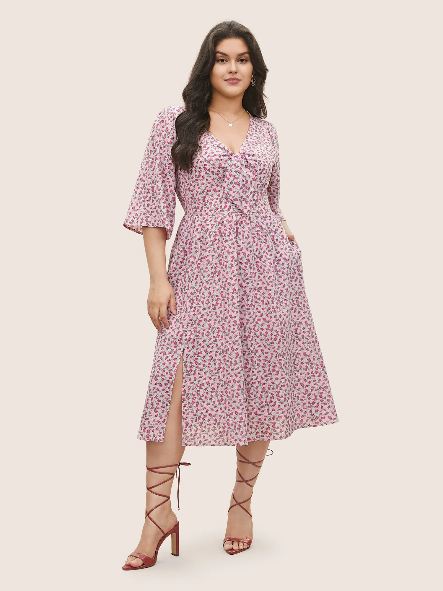 Ditsy Floral Tie Neck Elastic Waist Dress sold by Bloomchic