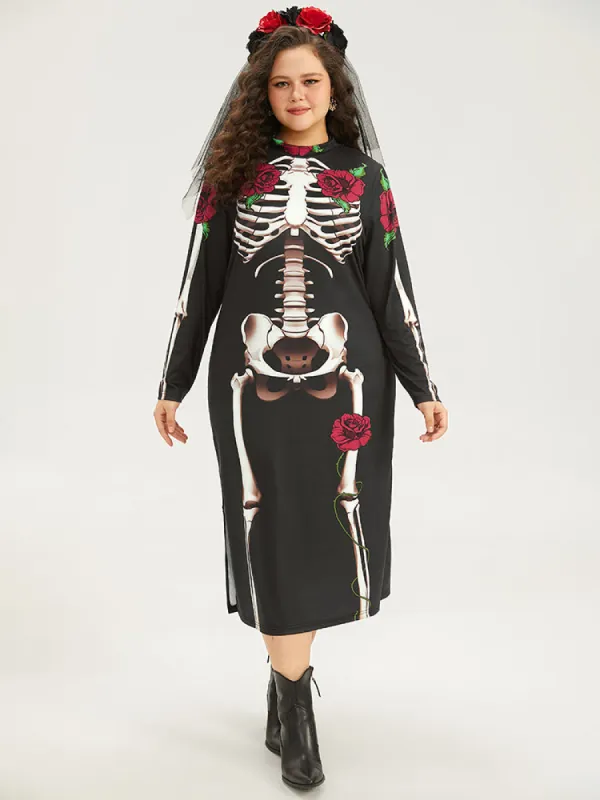 Halloween Mock Neck Skull Print Split Hem Dress sold by Bloomchic