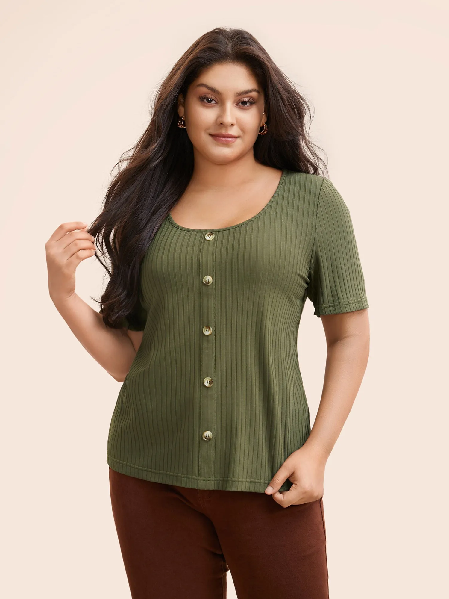U Neck Pit Strip Button Detail T-shirt sold by Bloomchic