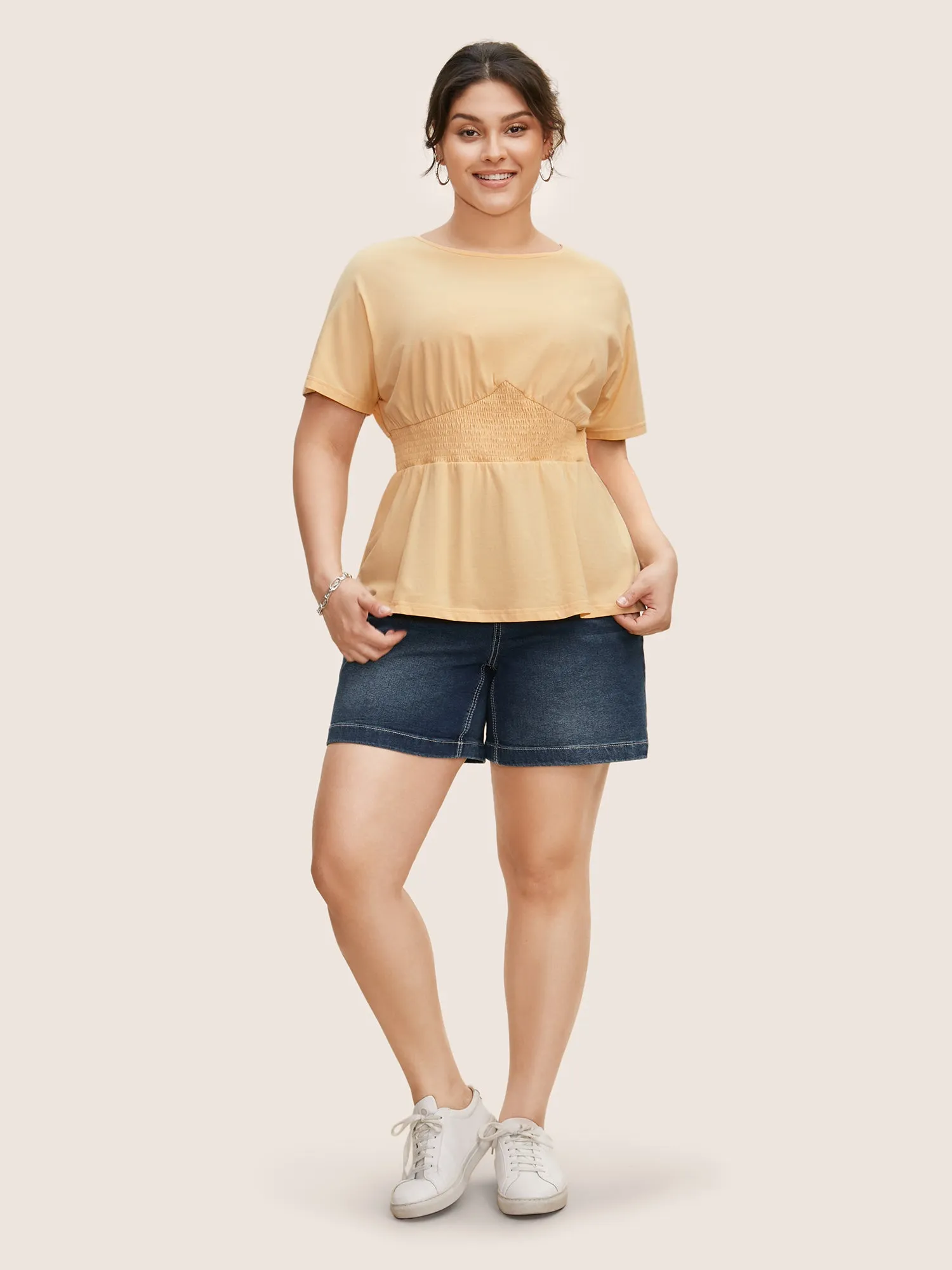 Cotton Crew Neck Shirred Batwing Sleeve T-shirt sold by Bloomchic product image thumbnail 4