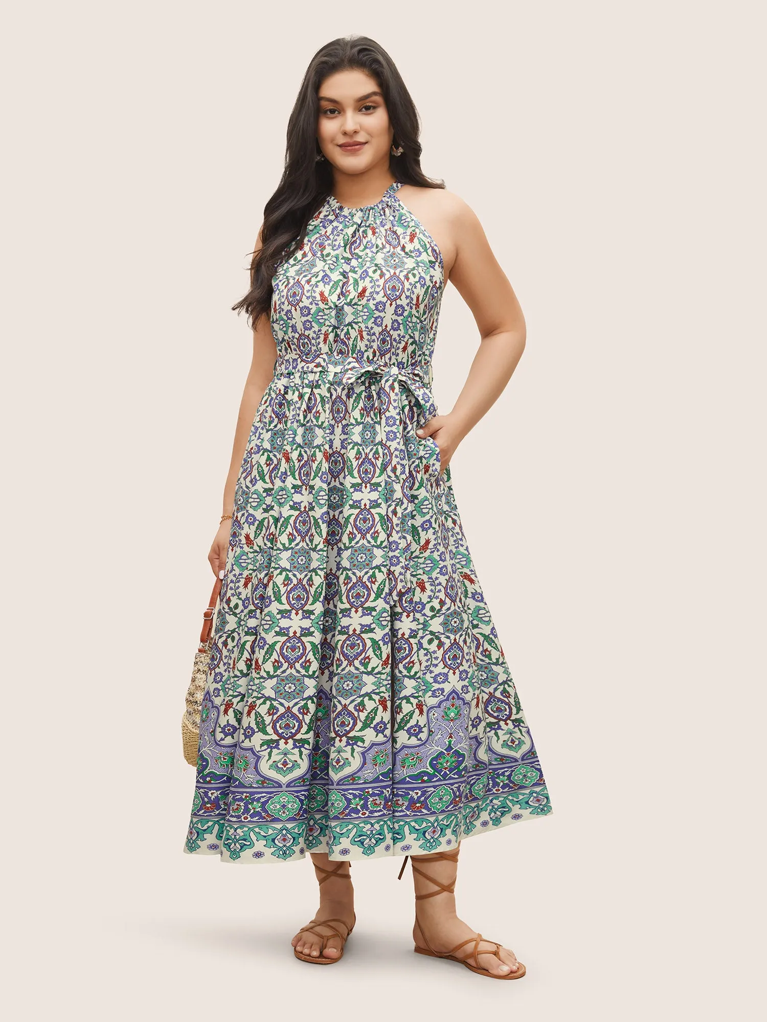 Boho Print Halter Gathered Belted Dress sold by Bloomchic product image thumbnail 2