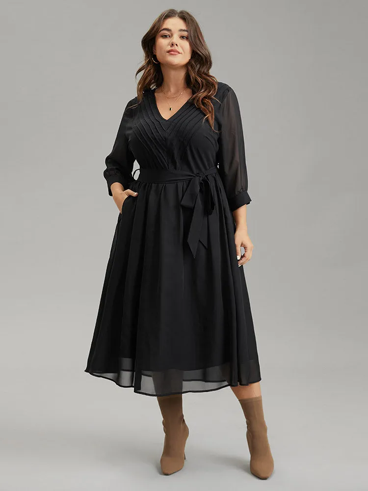 Mesh Patchwork Belted Pleated Dress sold by Bloomchic product image thumbnail 2