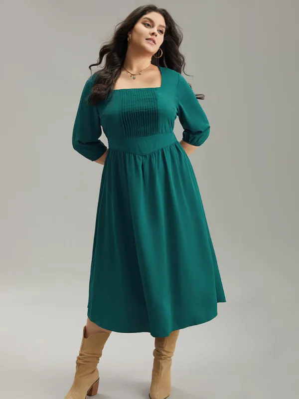 Anti-Wrinkle Square Neck Pleated Gathered Dress sold by Bloomchic