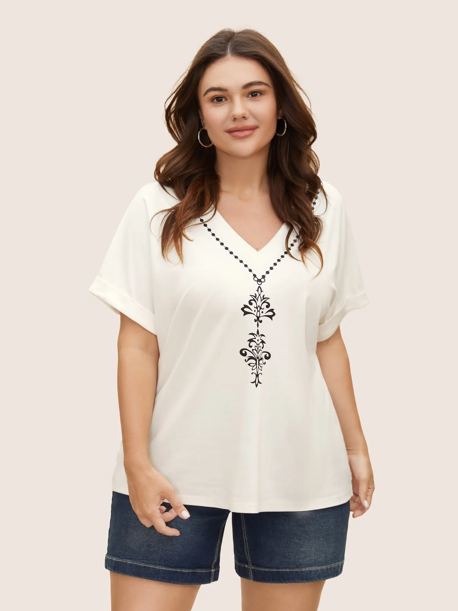 V Neck Boho Print Dolman Sleeve T-shirt sold by Bloomchic