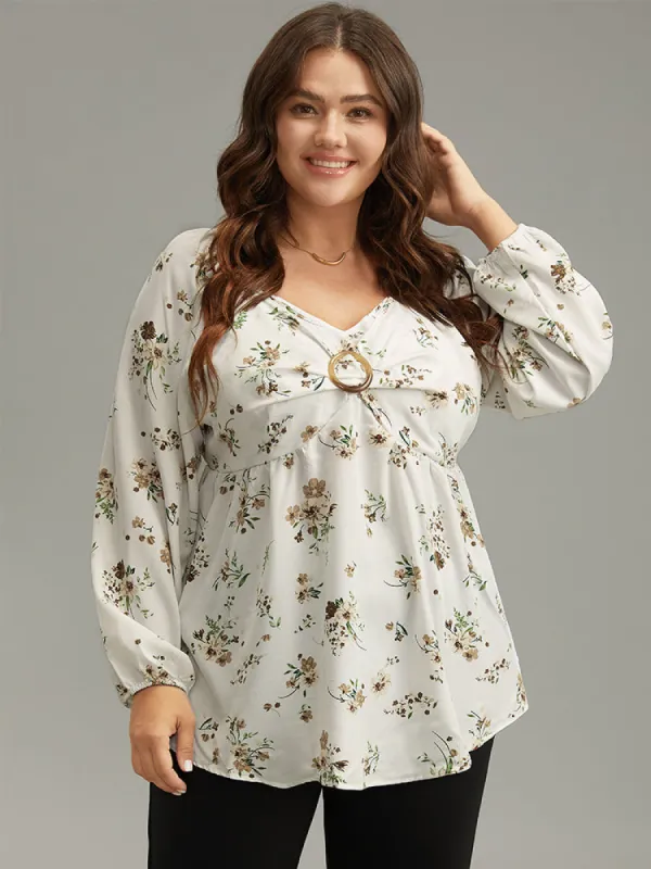 Floral Print Buckle Detail Gathered Bell Sleeve Blouse sold by Bloomchic