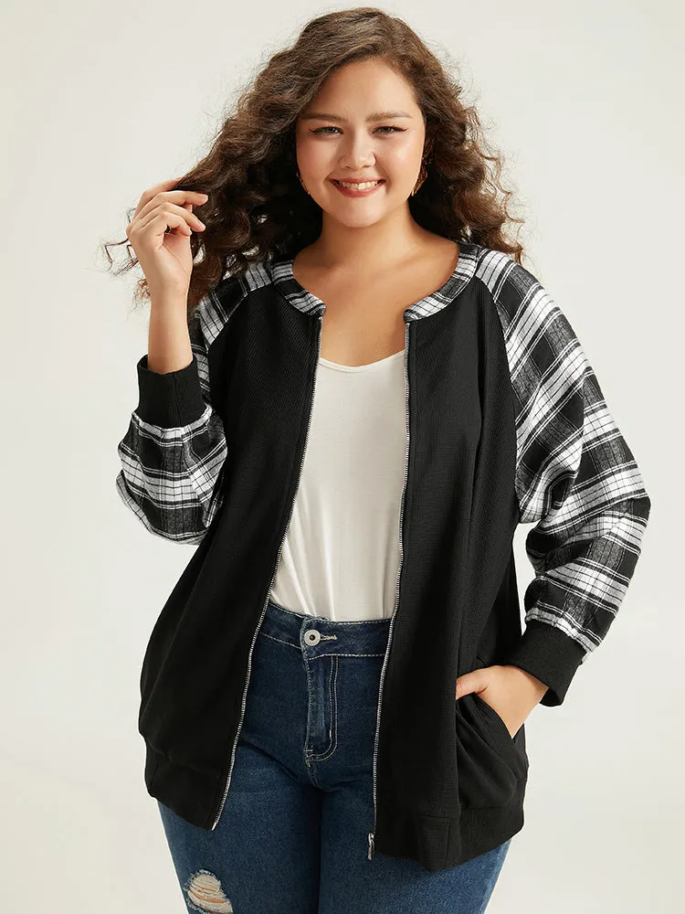 Plaid Patchwork Pocket Zipper Fly Jacket sold by Bloomchic