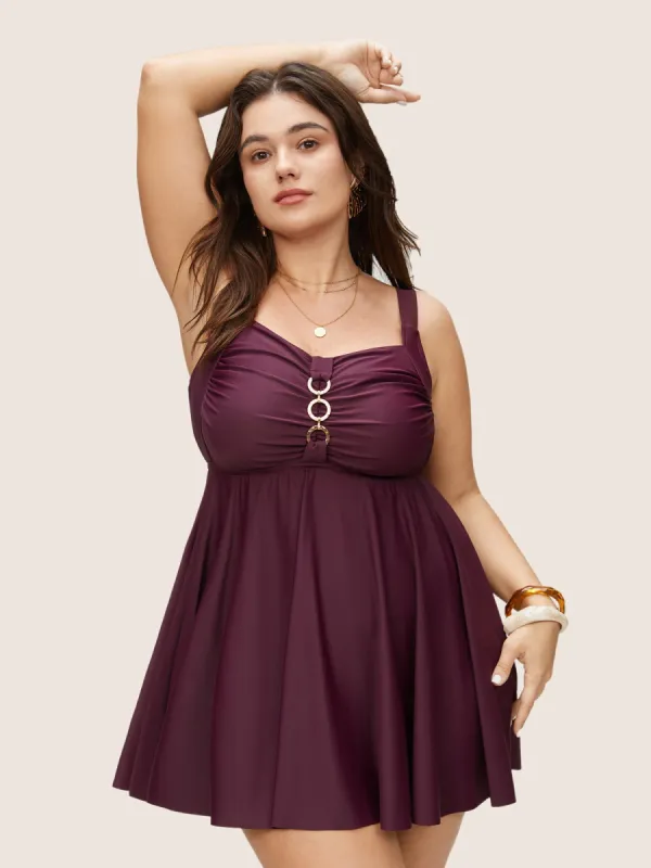 Solid Metal Detail Square Neck Ruched Swim Dress sold by Bloomchic