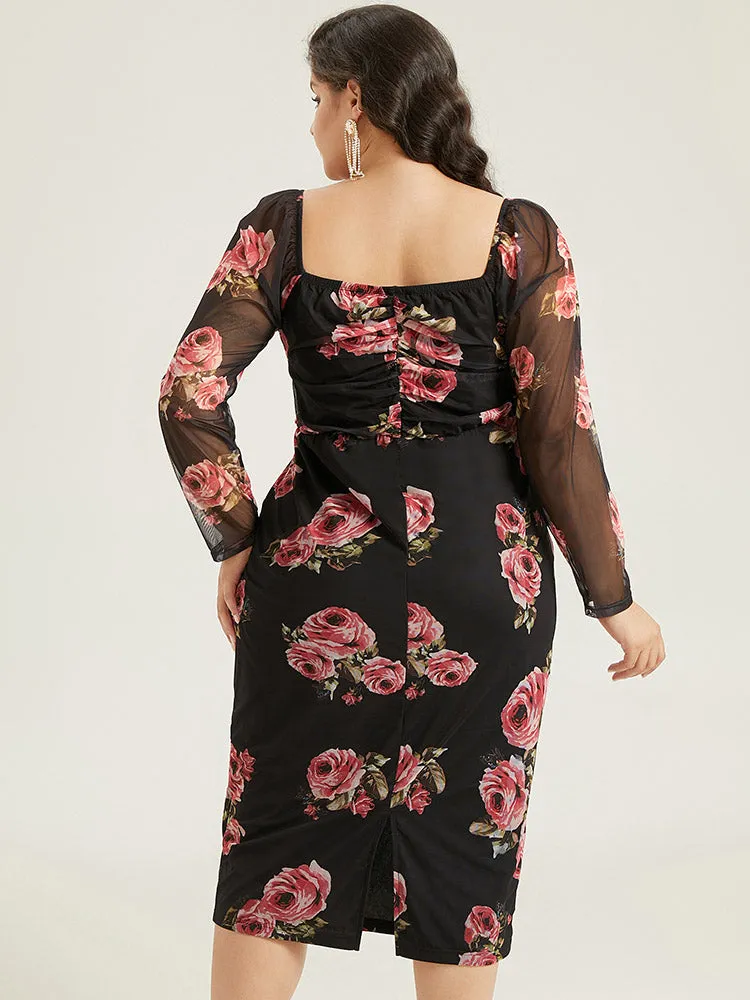 Floral Mesh Patchwork Ruched Square Neck Split Hem Dress sold by Bloomchic product image thumbnail 4