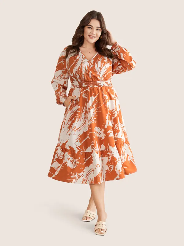 Geometric Contrast Wrap Shirred Pocket Dress sold by Bloomchic