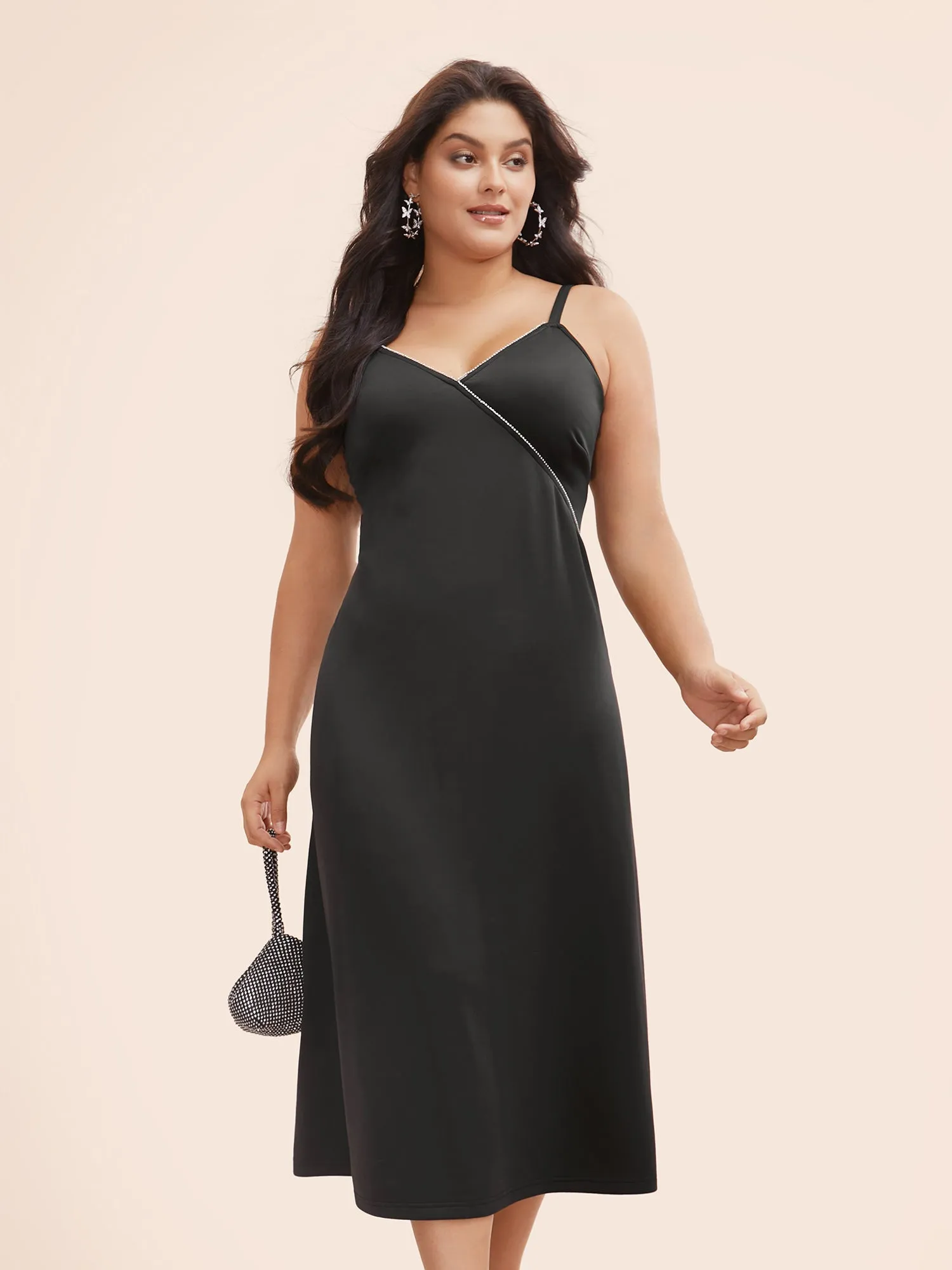 Rhinestone Detail Overlap Collar Cami Dress sold by Bloomchic