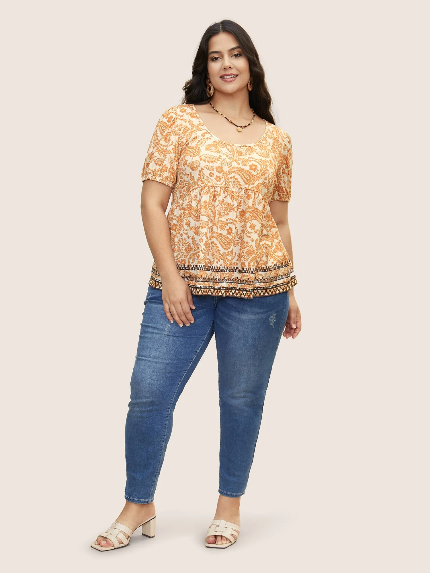 Boho Print Contrast Puff Sleeve T-shirt sold by Bloomchic product image thumbnail 2