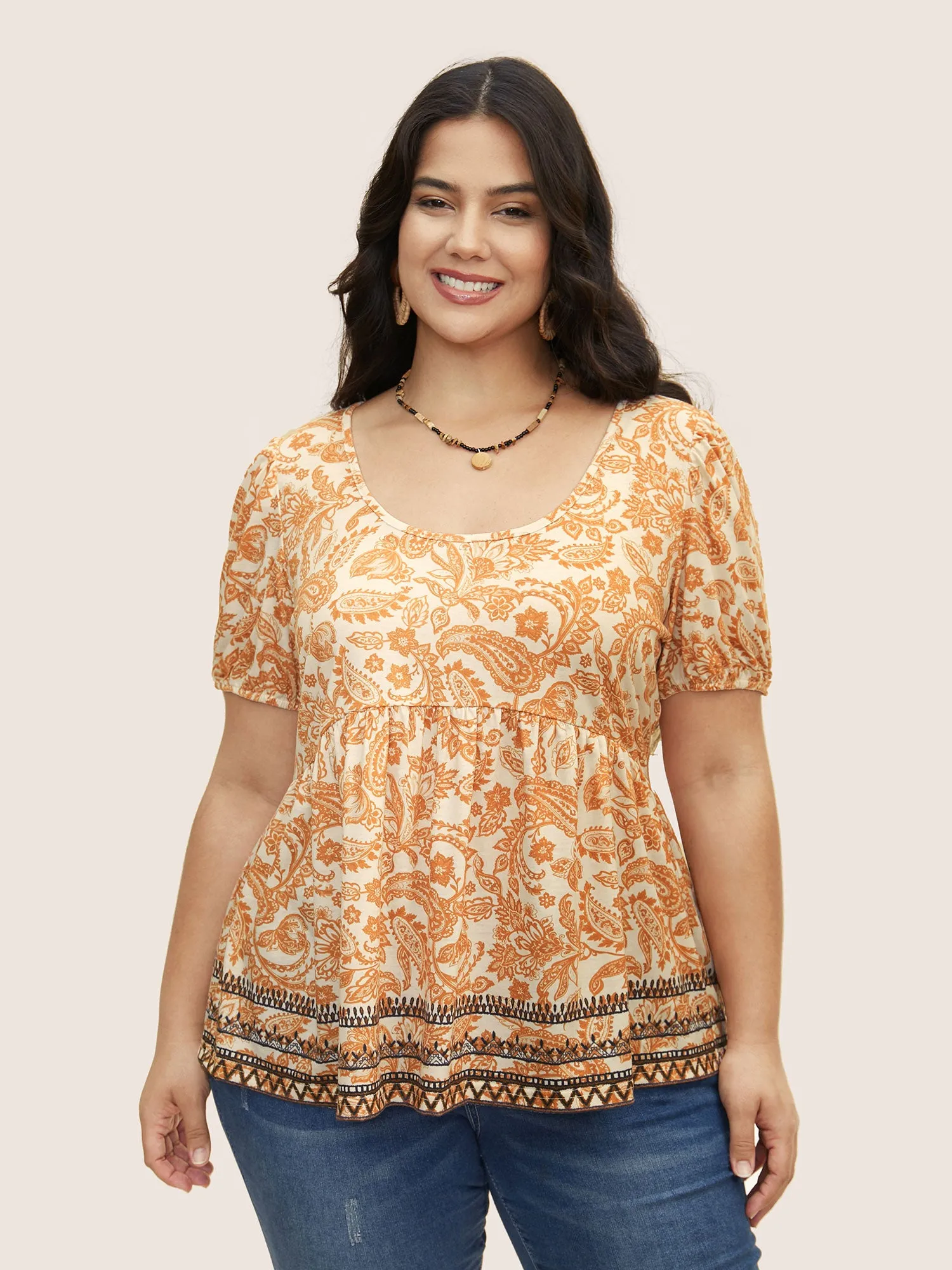 Boho Print Contrast Puff Sleeve T-shirt sold by Bloomchic