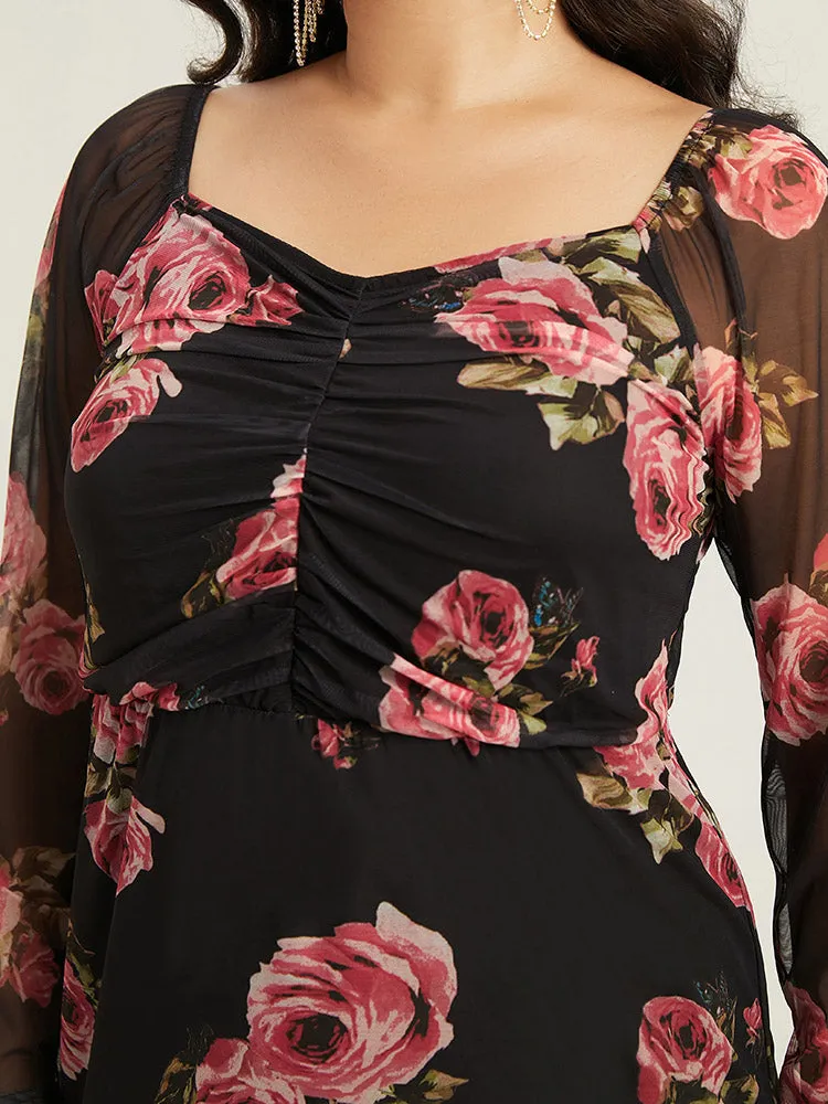 Floral Mesh Patchwork Ruched Square Neck Split Hem Dress sold by Bloomchic product image thumbnail 5