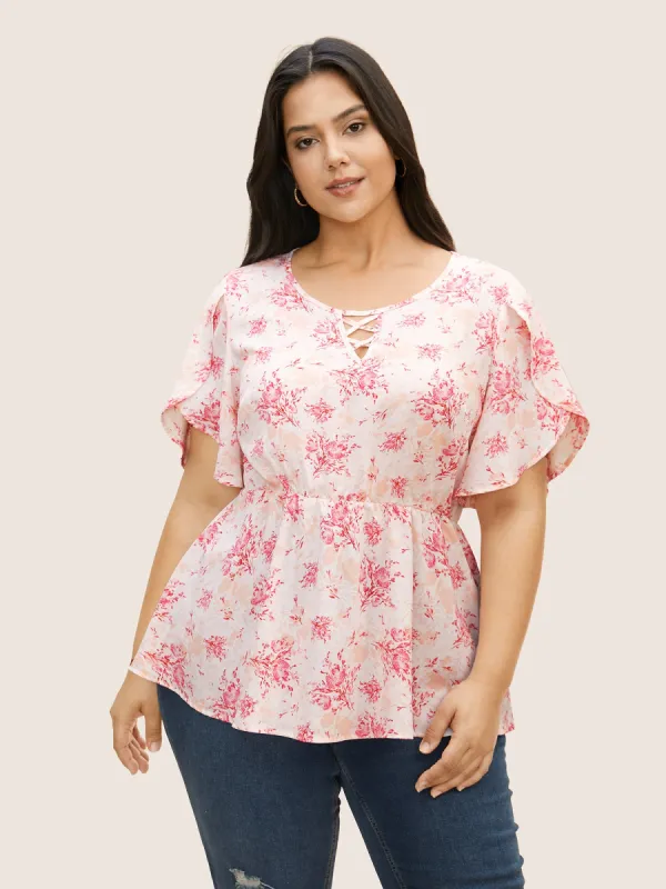 Floral Petal Sleeve Elastic Waist Crisscross Blouse sold by Bloomchic