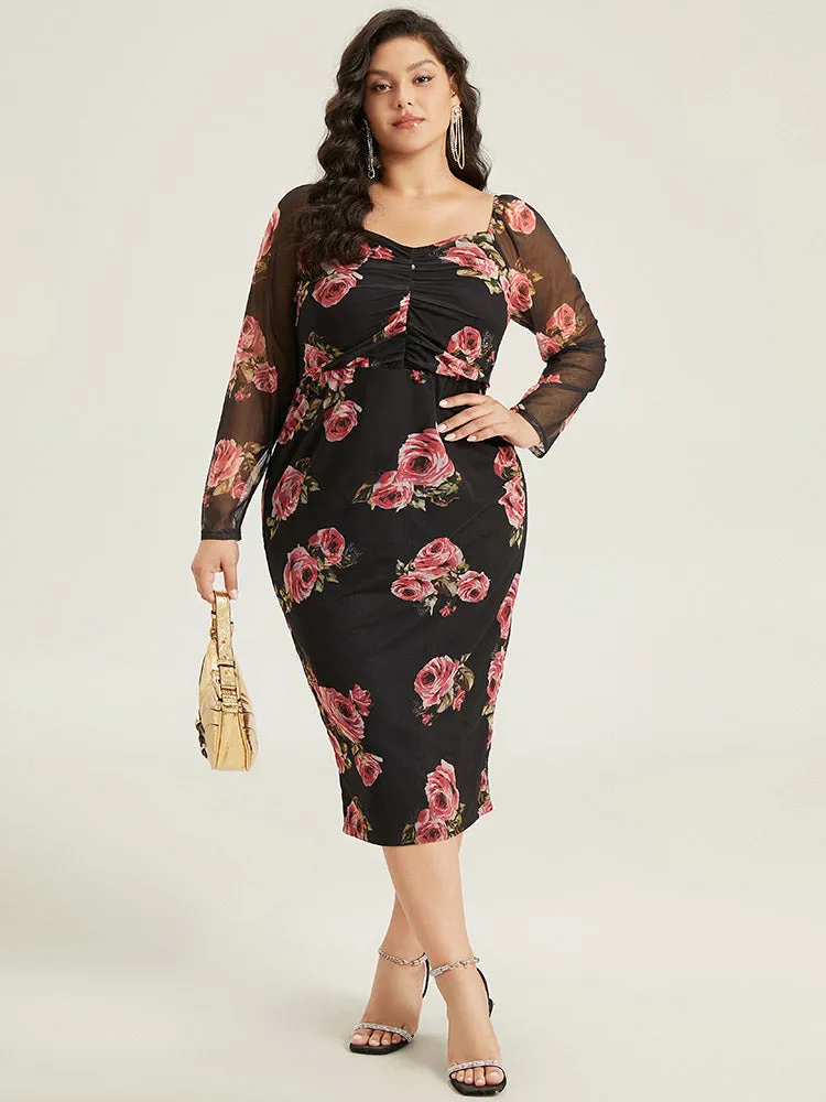 Floral Mesh Patchwork Ruched Square Neck Split Hem Dress sold by Bloomchic product image thumbnail 3