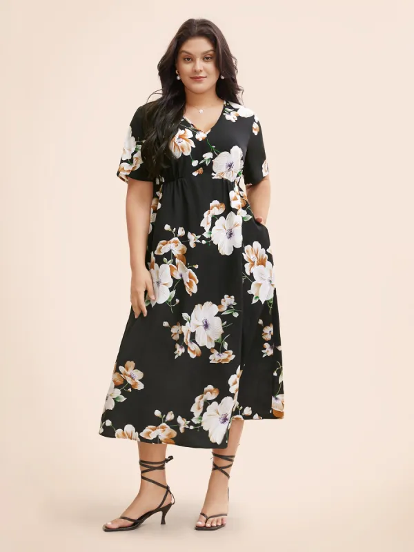 Floral Print V Neck Gathered Pocket Dress sold by Bloomchic