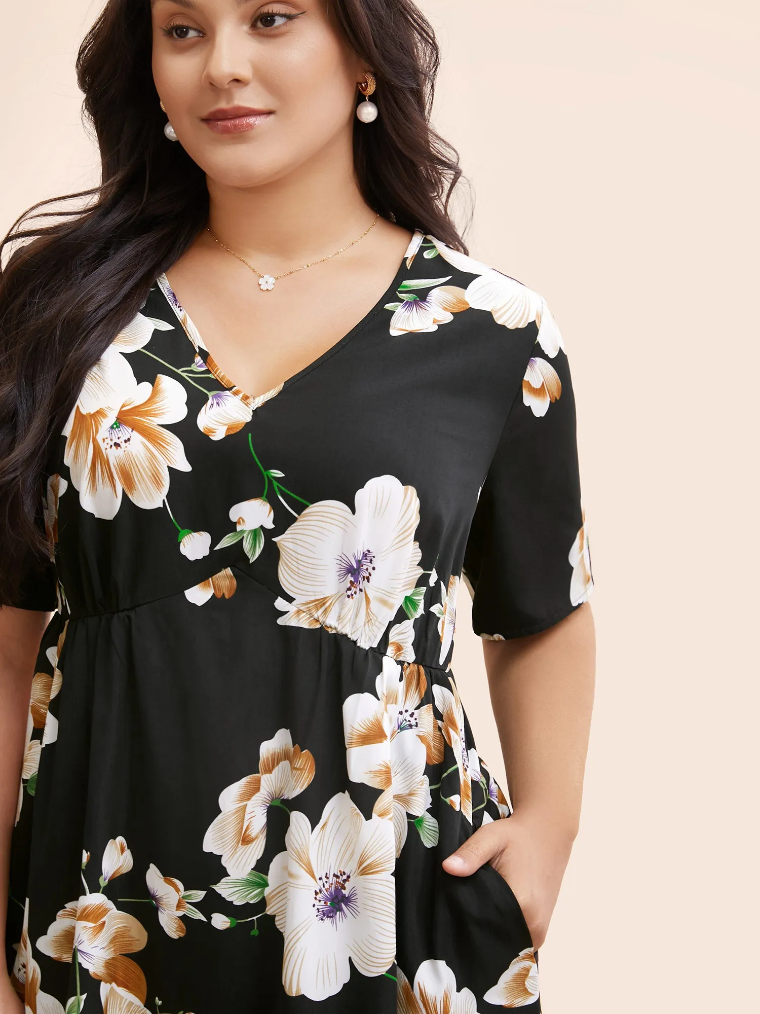 Floral Print V Neck Gathered Pocket Dress sold by Bloomchic product image thumbnail 4