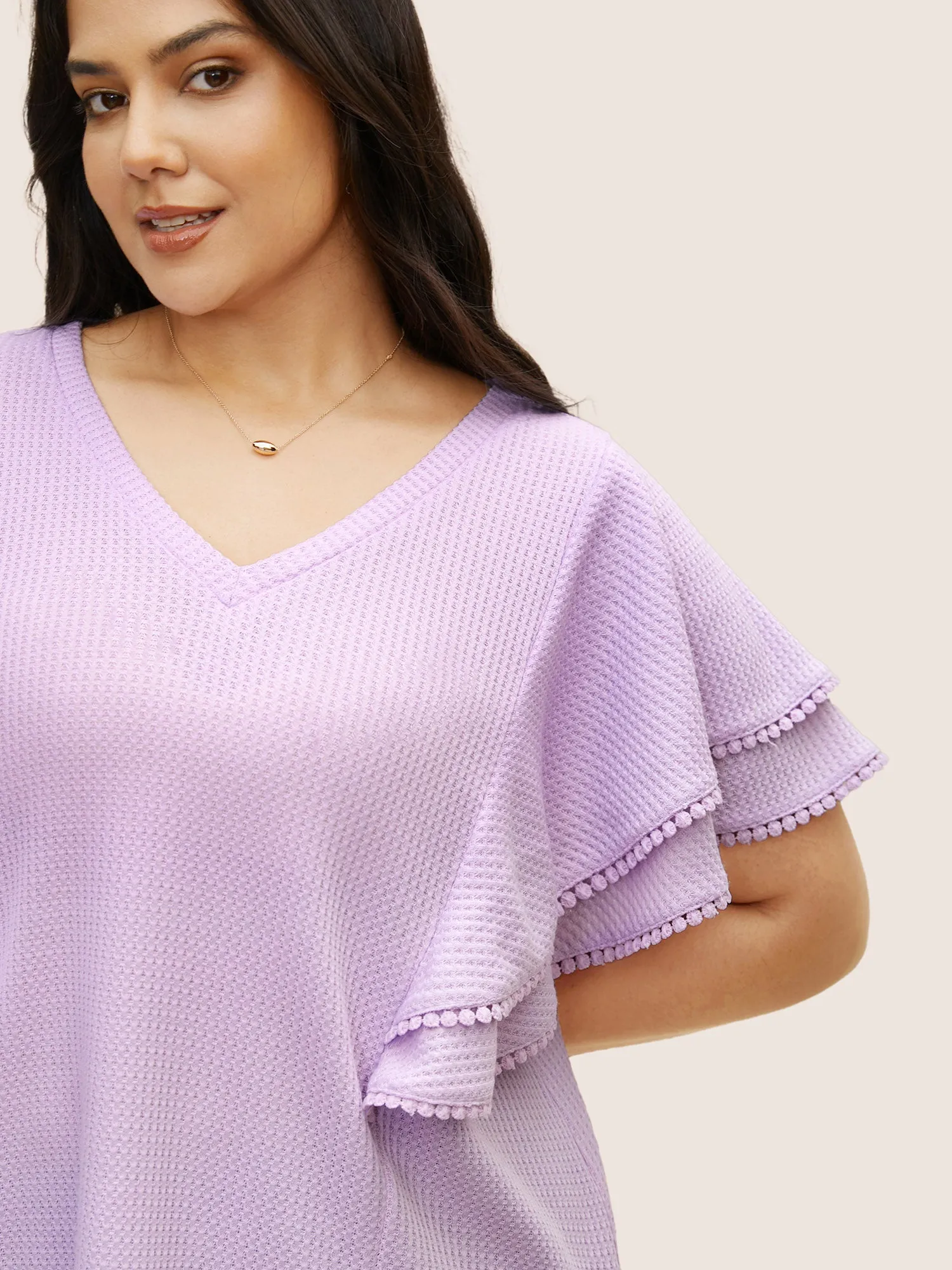 Waffle Knit Tiered Ruffles Pompom Trim T-shirt sold by Bloomchic product image thumbnail 4