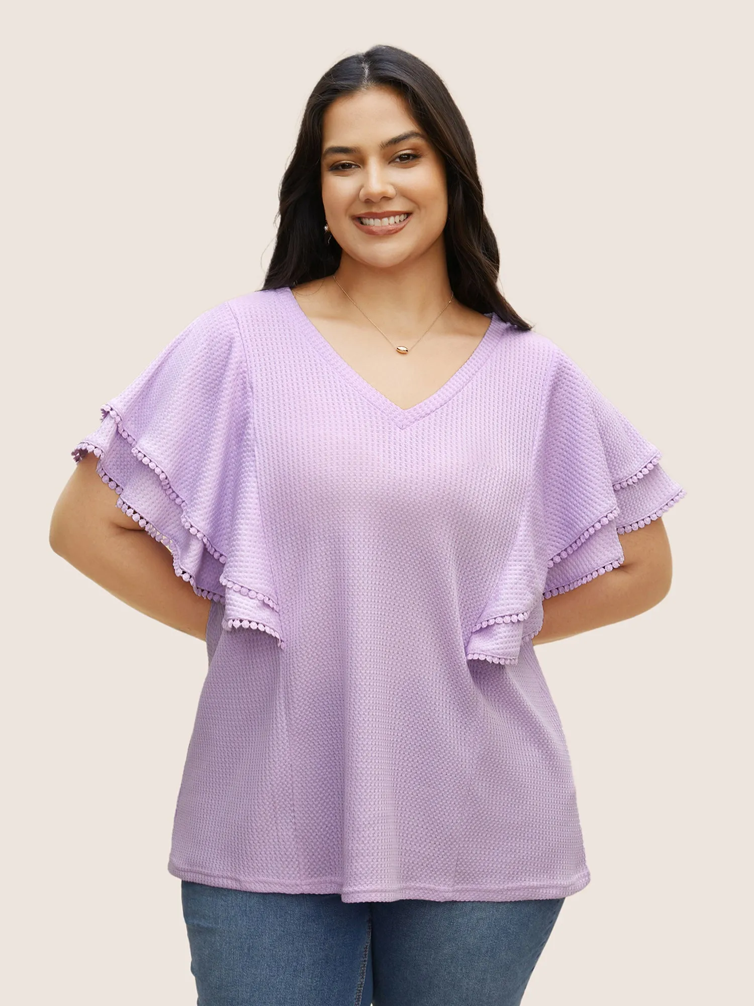 Waffle Knit Tiered Ruffles Pompom Trim T-shirt sold by Bloomchic