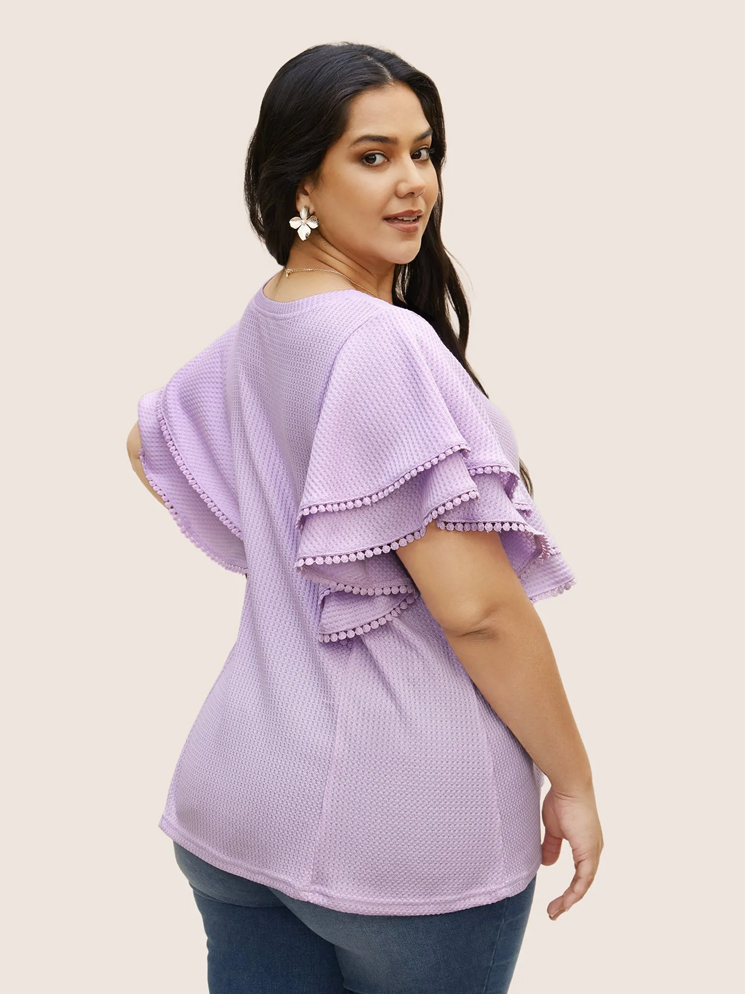 Waffle Knit Tiered Ruffles Pompom Trim T-shirt sold by Bloomchic product image thumbnail 3