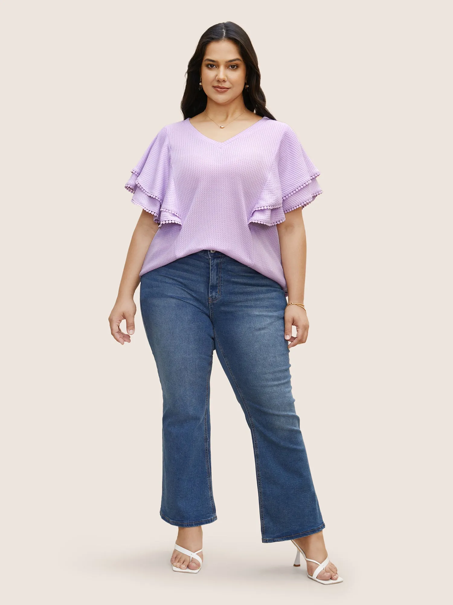 Waffle Knit Tiered Ruffles Pompom Trim T-shirt sold by Bloomchic product image thumbnail 2