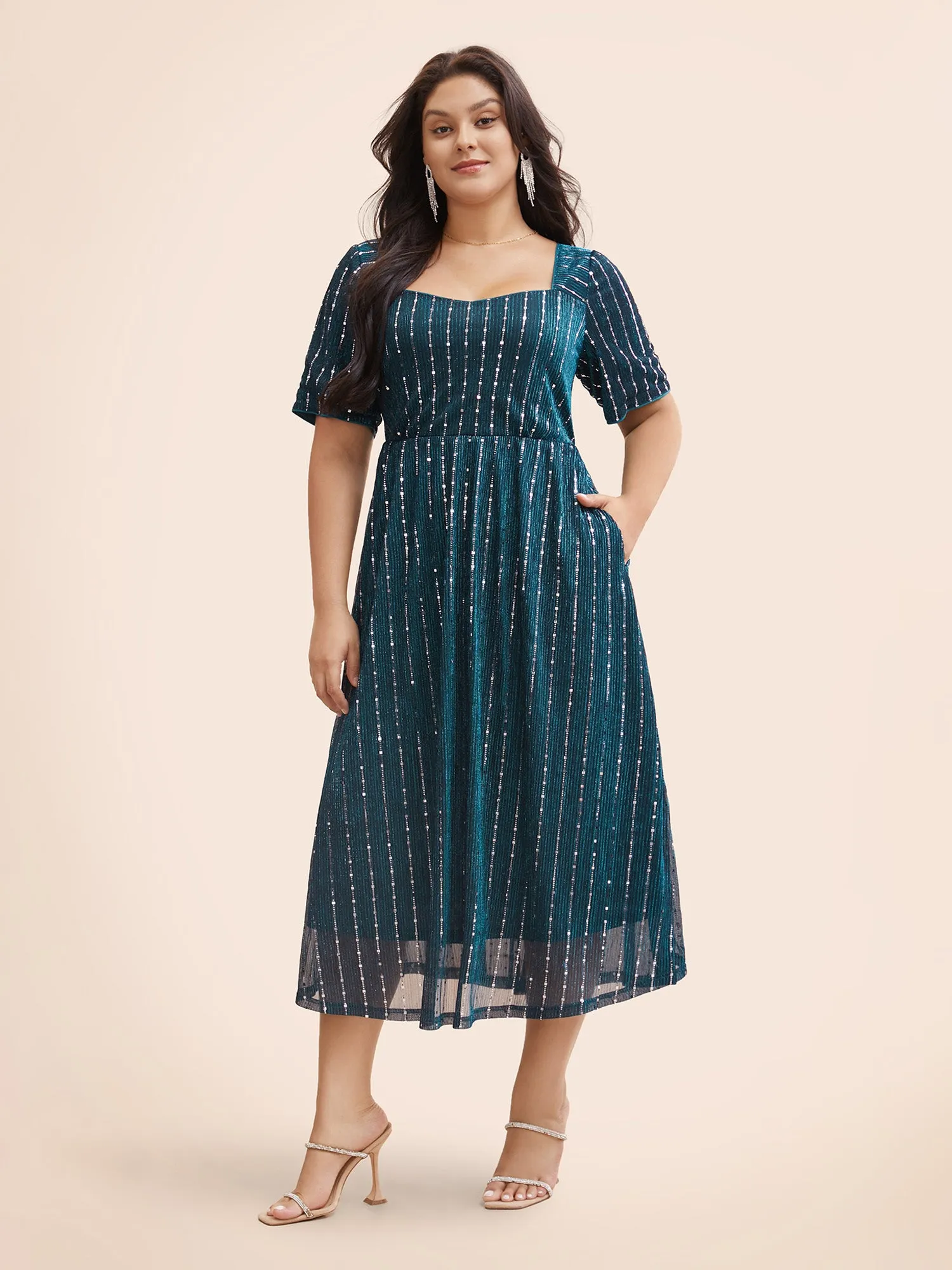 Heart Neckline Striped Glitter Textured Dress sold by Bloomchic