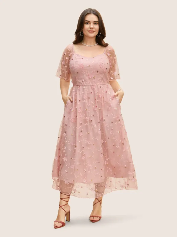 Heart Neckline Floral Embroidered Sequin Mesh Dress sold by Bloomchic