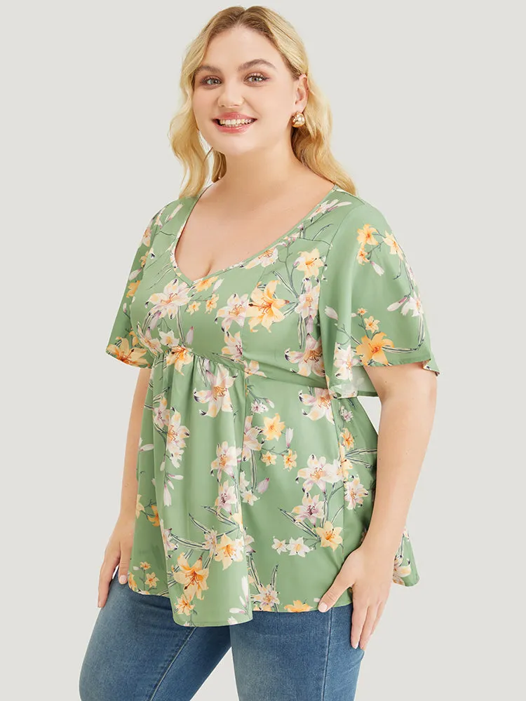Floral Print V Neck Ruffle Sleeve Blouse sold by Bloomchic product image thumbnail 2