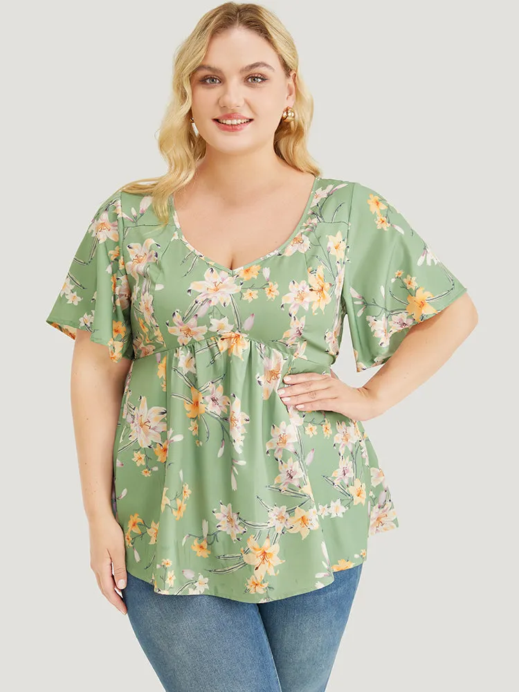 Floral Print V Neck Ruffle Sleeve Blouse sold by Bloomchic