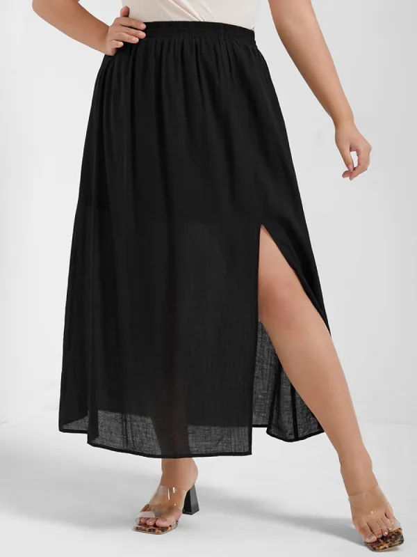 Plain Pleated Elastic Waist Split Skirt sold by Bloomchic