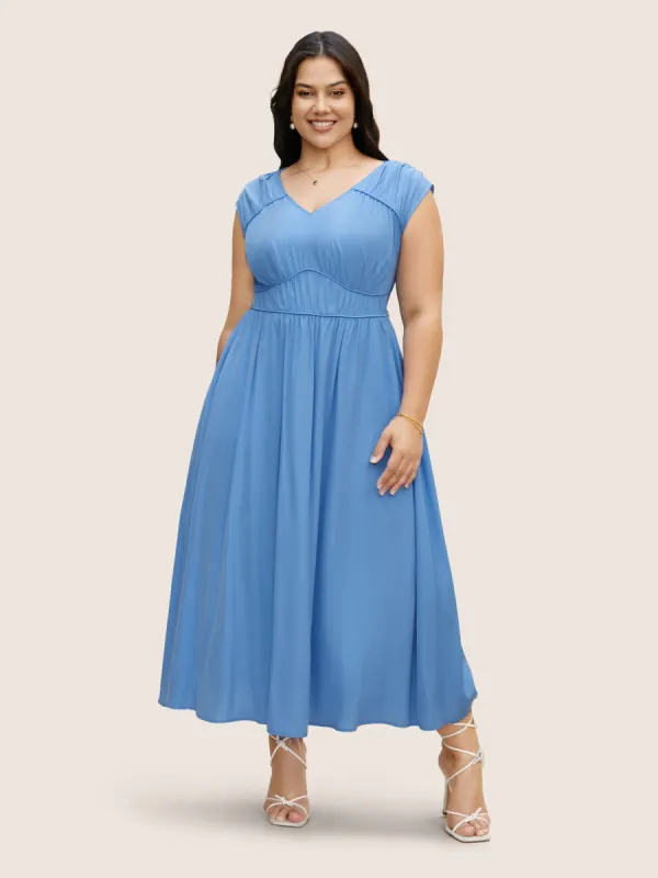 Solid V Neck Gathered Tucked Seam Dress sold by Bloomchic