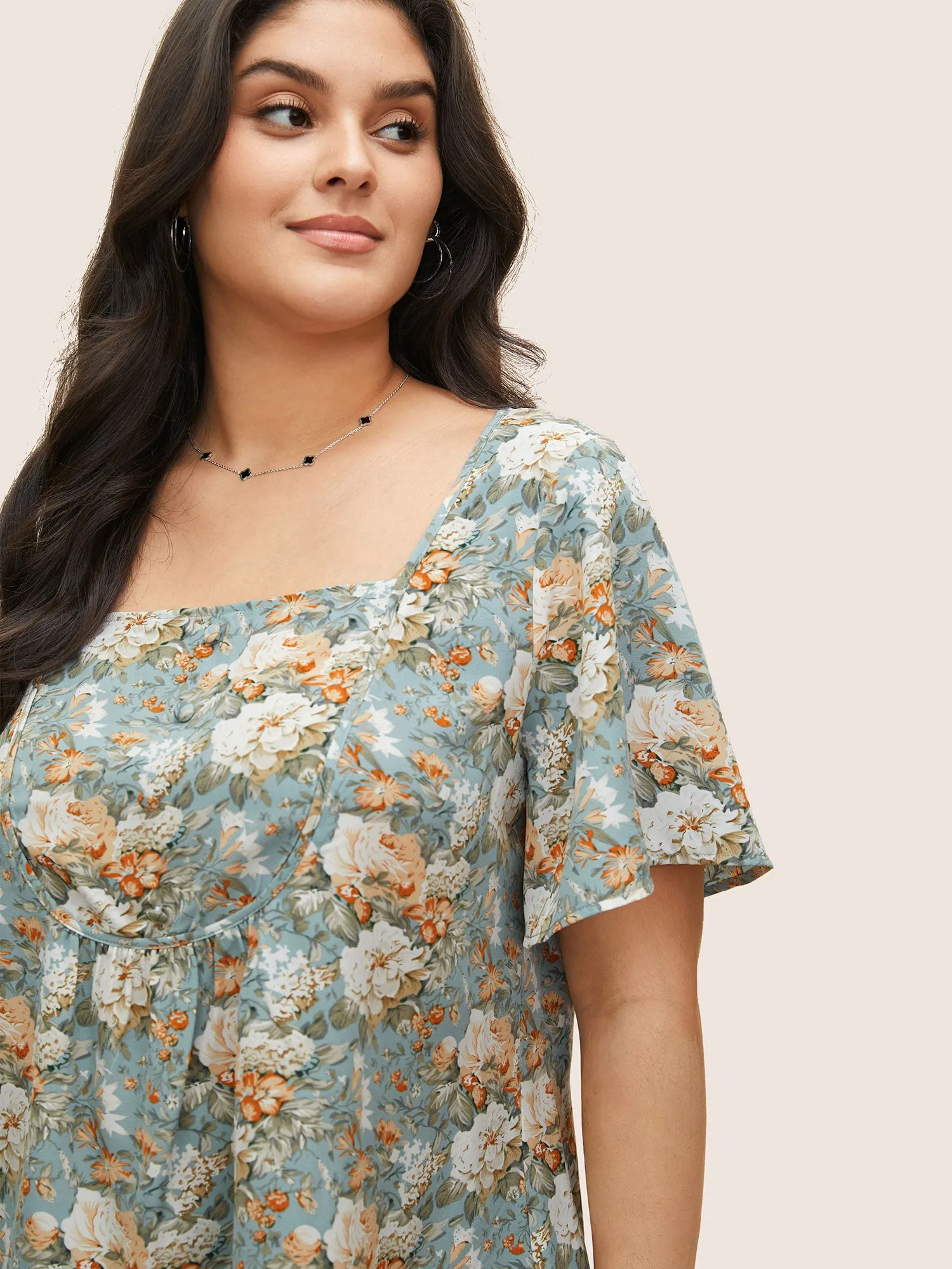 Floral Square Neck Ruffle Sleeve Gathered Blouse sold by Bloomchic product image thumbnail 3