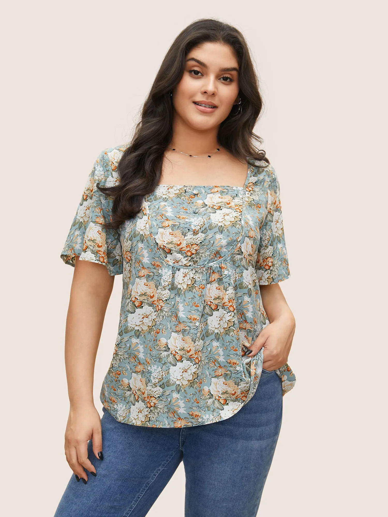 Floral Square Neck Ruffle Sleeve Gathered Blouse sold by Bloomchic